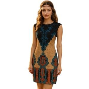 Tracy Reese Multicolor Bohemian Beaded Southwestern Boho Sheath Dress Size Small